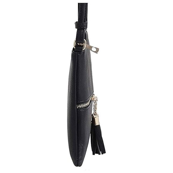 Lightweight Medium Crossbody Bag Shoulder Bag with Tassel Black - Picture 4 of 6